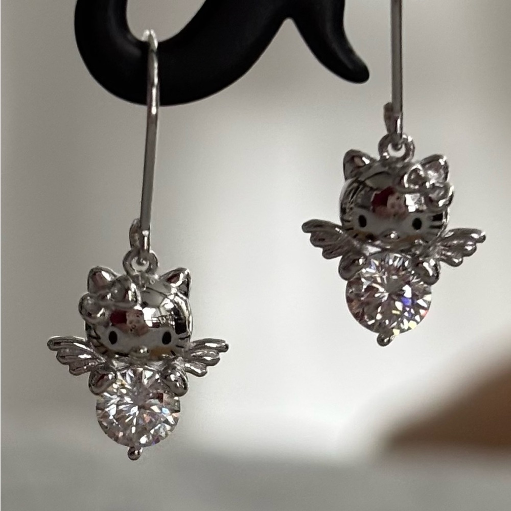 Hello Kitty Angel Moissanite Sterling Silver Drop Earrings